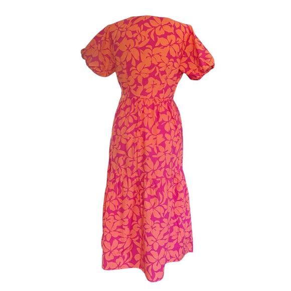J Crew Dress Womens 4 Pink Orange Floral V Neck Puff Sleeve Tiered Midi Pockets - Picture 8 of 16